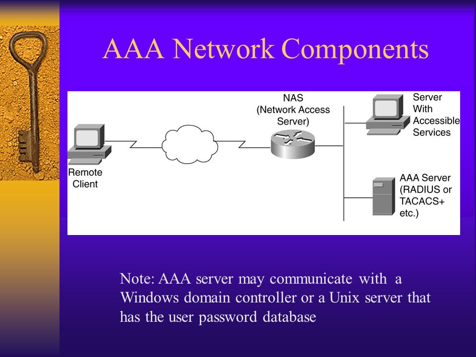 Chapter 16 AAA. AAA Components  AAA server –Authenticates users 