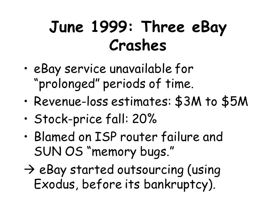 June 1999: Three eBay Crashes eBay service unavailable for prolonged periods of time.