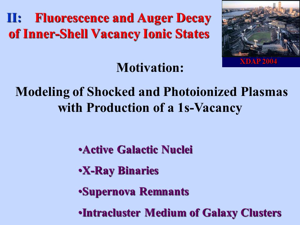 II: Fluorescence and Auger Decay of Inner-Shell Vacancy Ionic States Motivation: Modeling of Shocked and Photoionized Plasmas with Production of a 1s-Vacancy Active Galactic NucleiActive Galactic Nuclei X-Ray BinariesX-Ray Binaries Supernova RemnantsSupernova Remnants Intracluster Medium of Galaxy ClustersIntracluster Medium of Galaxy Clusters