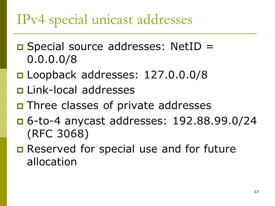 23 IPv4 special unicast addresses  Special source addresses: NetID = /8  Loopback addresses: /8  Link-local addresses  Three classes of private addresses  6-to-4 anycast addresses: /24 (RFC 3068)  Reserved for special use and for future allocation