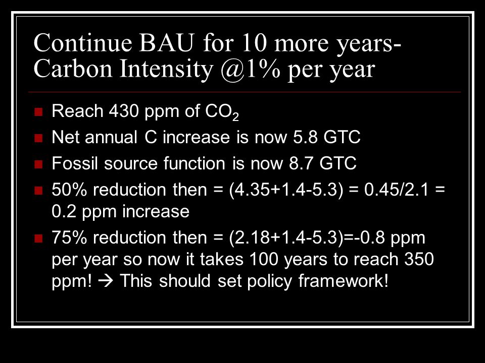 Continue BAU for 10 more years- Carbon per year Reach 430 ppm of CO 2 Net annual C increase is now 5.8 GTC Fossil source function is now 8.7 GTC 50% reduction then = ( ) = 0.45/2.1 = 0.2 ppm increase 75% reduction then = ( )=-0.8 ppm per year so now it takes 100 years to reach 350 ppm.