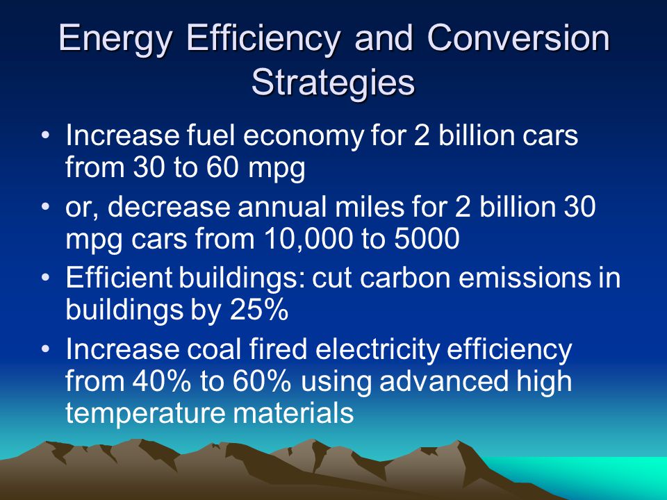 Energy Efficiency and Conversion Strategies Increase fuel economy for 2 billion cars from 30 to 60 mpg or, decrease annual miles for 2 billion 30 mpg cars from 10,000 to 5000 Efficient buildings: cut carbon emissions in buildings by 25% Increase coal fired electricity efficiency from 40% to 60% using advanced high temperature materials