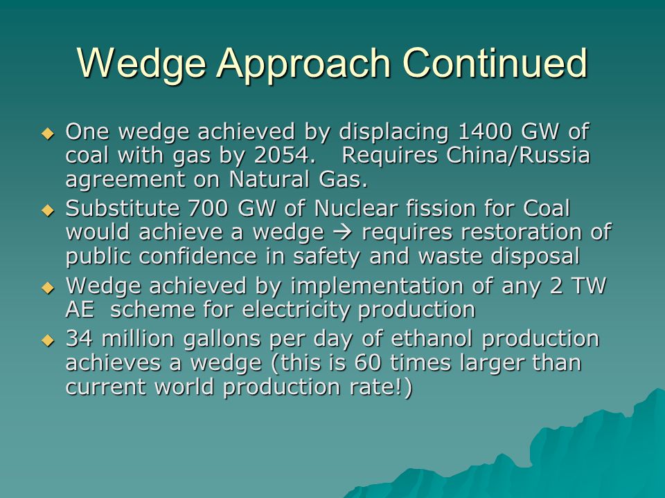 Wedge Approach Continued  One wedge achieved by displacing 1400 GW of coal with gas by 2054.