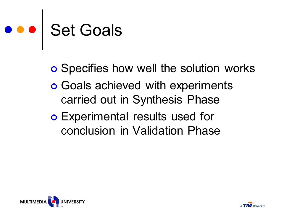 14 Set Goals Specifies how well the solution works Goals achieved with experiments carried out in Synthesis Phase Experimental results used for conclusion in Validation Phase