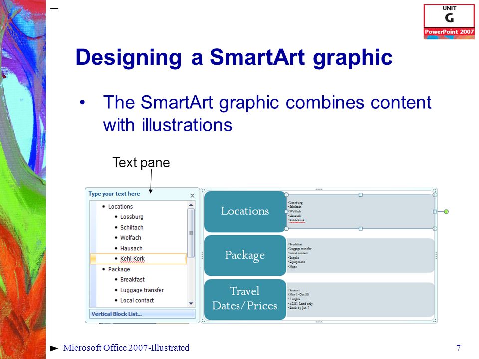 7Microsoft Office 2007-Illustrated Designing a SmartArt graphic The SmartArt graphic combines content with illustrations Text pane