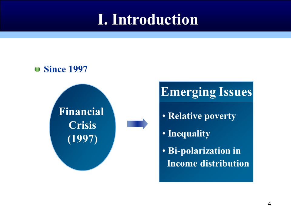 4 Since 1997 Emerging Issues Relative poverty Inequality Bi-polarization in Income distribution I.