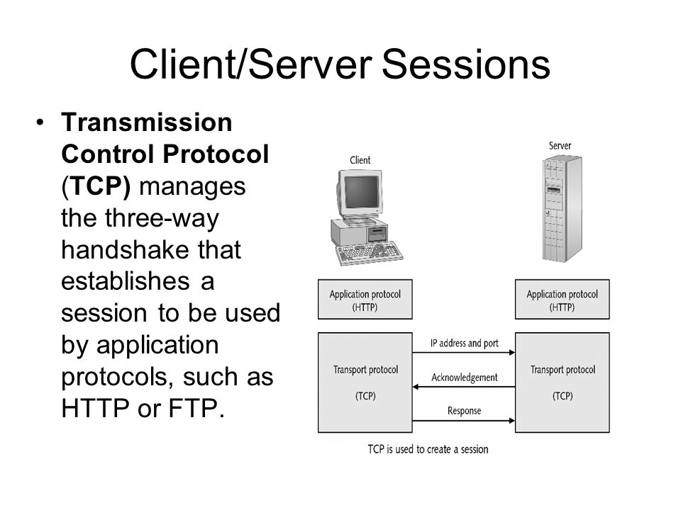 Client/Server Sessions Transmission Control Protocol (TCP) manages the three-way handshake that establishes a session to be used by application protocols, such as HTTP or FTP.