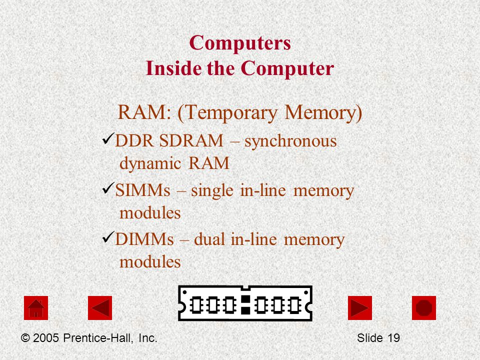 Computers Inside the Computer RAM: (Temporary Memory) DDR SDRAM – synchronous dynamic RAM SIMMs – single in-line memory modules DIMMs – dual in-line memory modules © 2005 Prentice-Hall, Inc.Slide 19