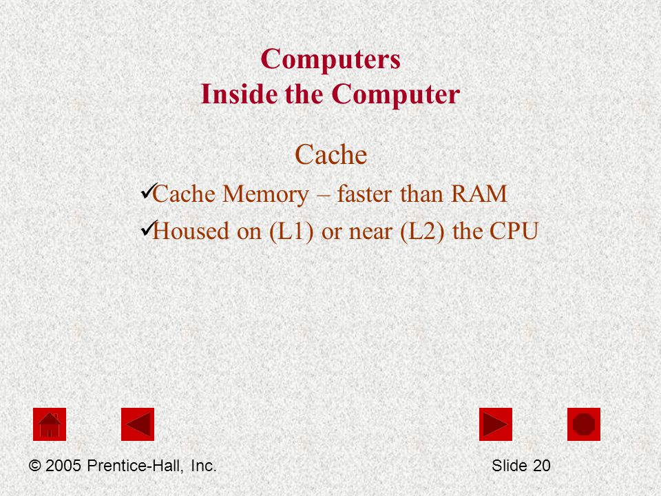Computers Inside the Computer Cache Cache Memory – faster than RAM Housed on (L1) or near (L2) the CPU © 2005 Prentice-Hall, Inc.Slide 20