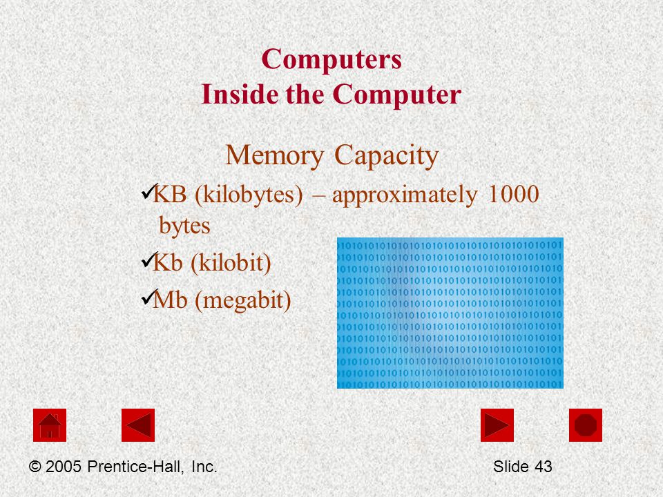 Computers Inside the Computer Memory Capacity KB (kilobytes) – approximately 1000 bytes Kb (kilobit) Mb (megabit) © 2005 Prentice-Hall, Inc.Slide 43