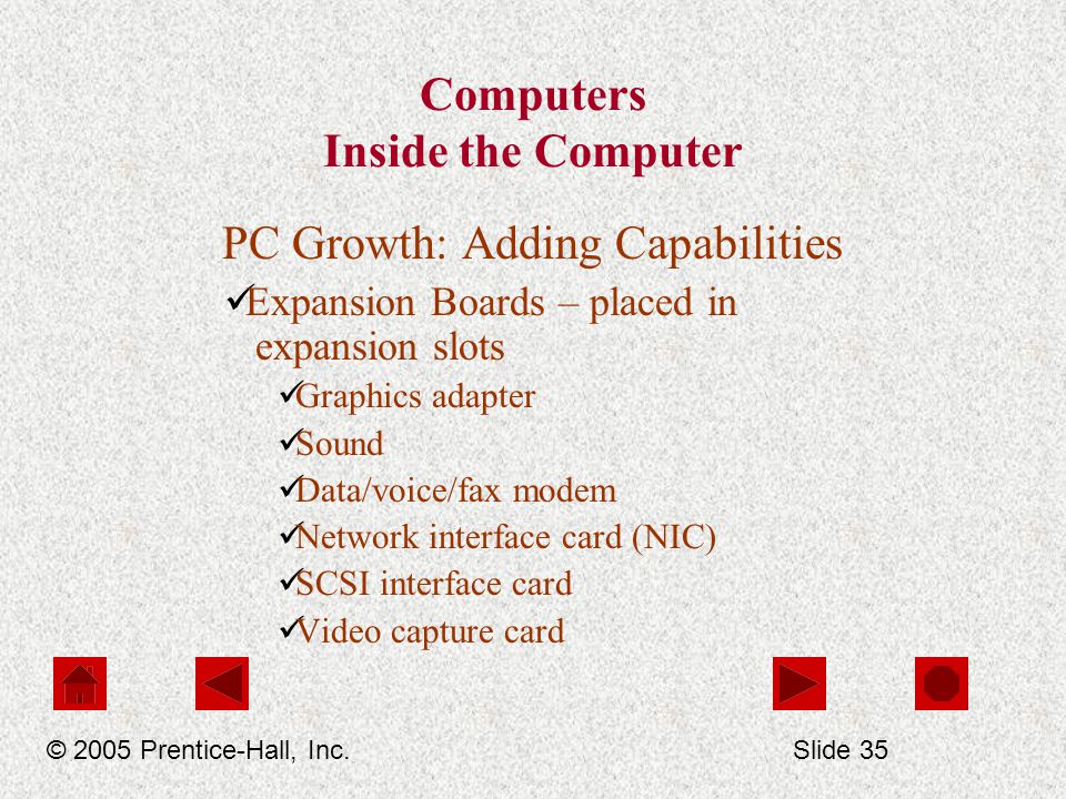 Computers Inside the Computer PC Growth: Adding Capabilities Expansion Boards – placed in expansion slots Graphics adapter Sound Data/voice/fax modem Network interface card (NIC) SCSI interface card Video capture card © 2005 Prentice-Hall, Inc.Slide 35