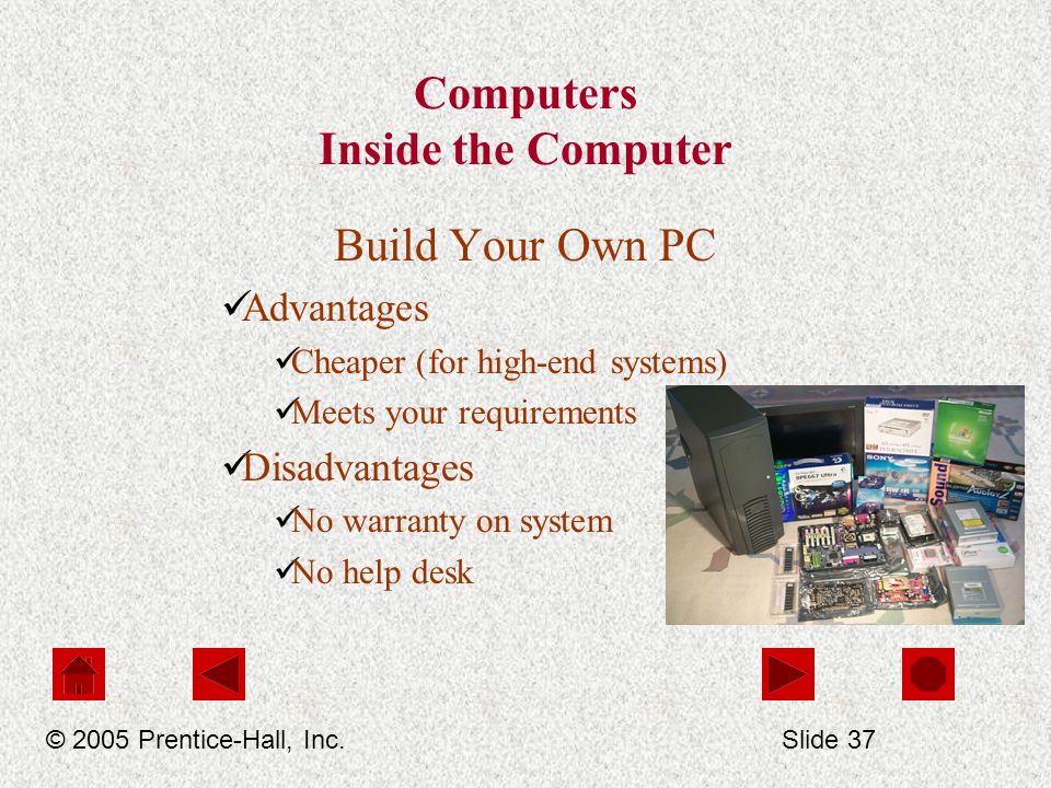 Computers Inside the Computer Build Your Own PC Advantages Cheaper (for high-end systems) Meets your requirements Disadvantages No warranty on system No help desk © 2005 Prentice-Hall, Inc.Slide 37