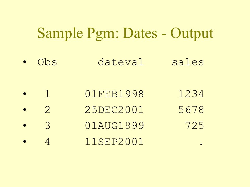 Sample Pgm: Dates - Output Obs dateval sales 1 01FEB DEC AUG SEP2001.