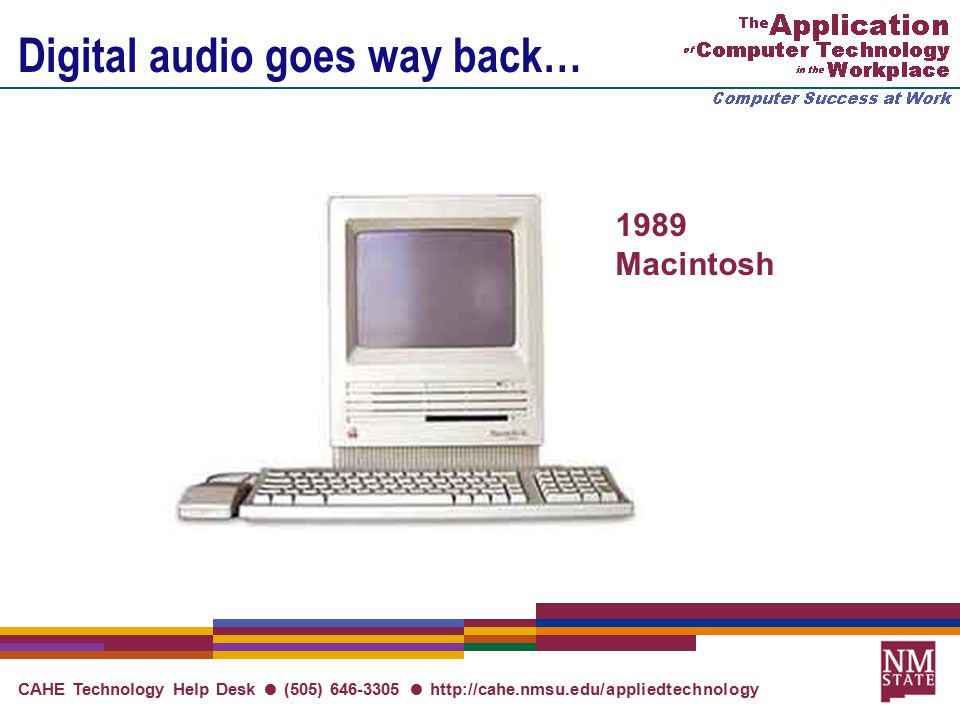 CAHE Technology Help Desk ● (505) ●   Digital audio goes way back… 1989 Macintosh