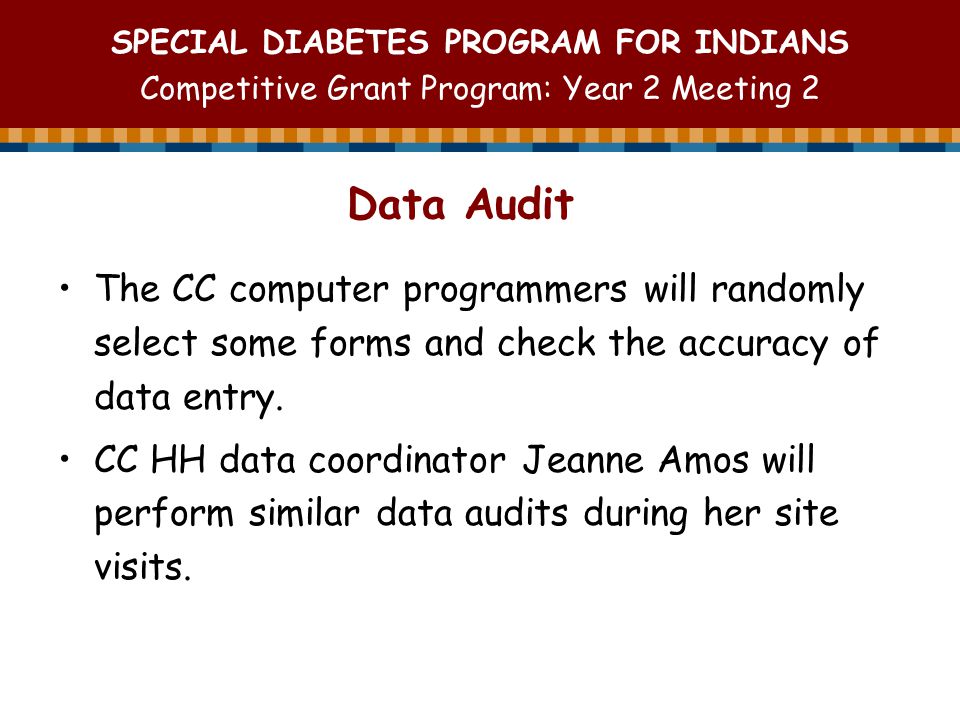 SPECIAL DIABETES PROGRAM FOR INDIANS Competitive Grant Program: Year 2 Meeting 2 Data Audit The CC computer programmers will randomly select some forms and check the accuracy of data entry.