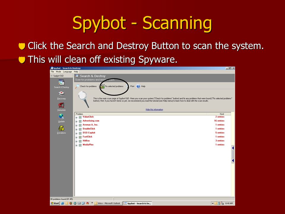 Spybot - Scanning  Click the Search and Destroy Button to scan the system.
