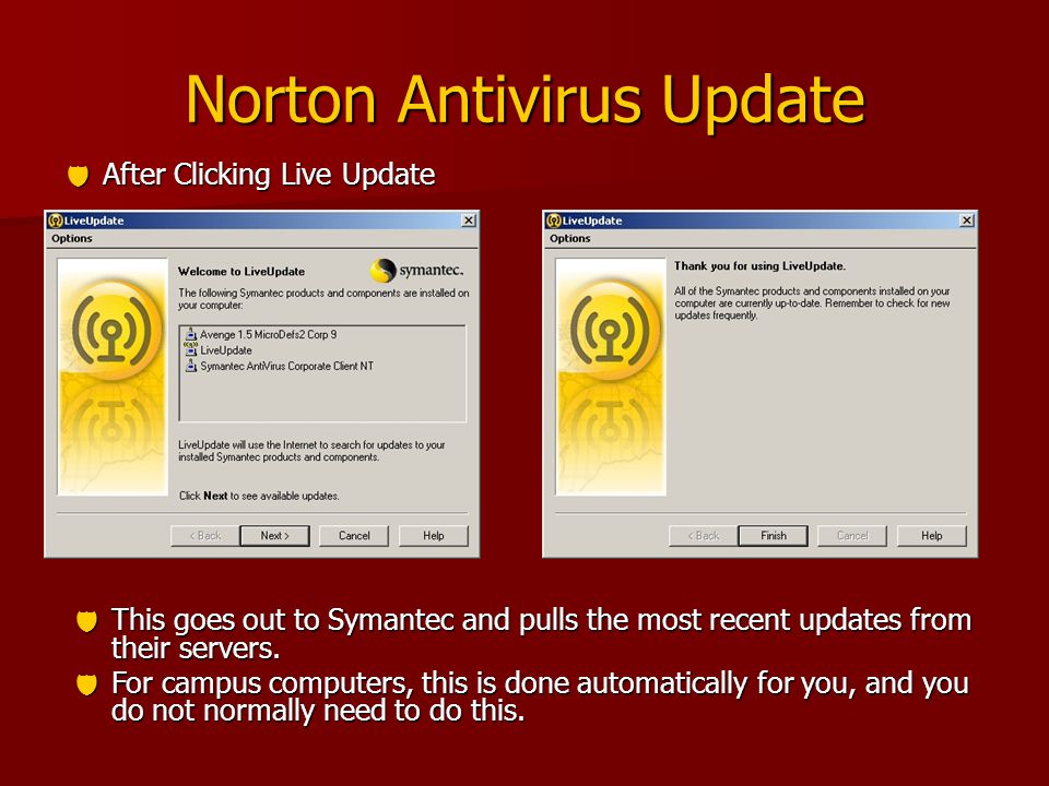 Norton Antivirus Update  After Clicking Live Update  This goes out to Symantec and pulls the most recent updates from their servers.