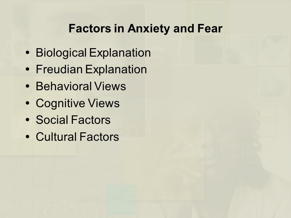 Factors in Anxiety and Fear  Biological Explanation  Freudian Explanation  Behavioral Views  Cognitive Views  Social Factors  Cultural Factors
