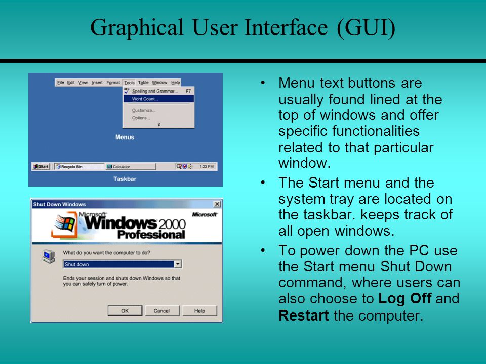 Graphical User Interface (GUI) Menu text buttons are usually found lined at the top of windows and offer specific functionalities related to that particular window.