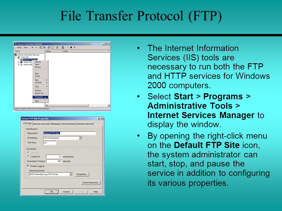 File Transfer Protocol (FTP) The Internet Information Services (IIS) tools are necessary to run both the FTP and HTTP services for Windows 2000 computers.