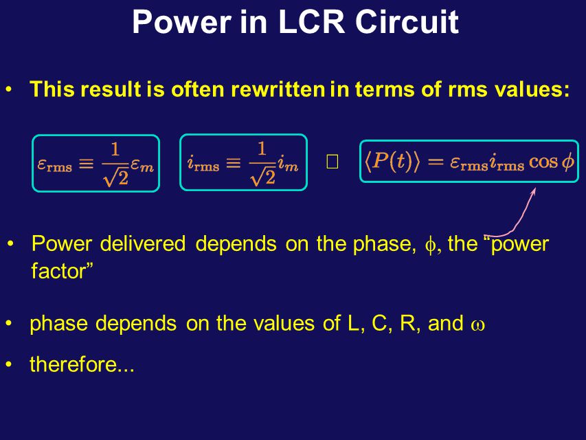 Power in LCR Circuit Expanding, Taking the averages, Generally: sin 2  t tt 0  0 +1 Putting it all back together again, 0 1/2 (Integral of Product of even and odd function = 0) sin  tcos  t tt 0  0 +1