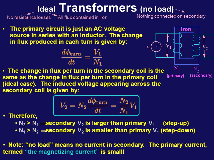 Transformers   (primary) (secondary) AC voltages can be stepped up or stepped down by the use of transformers.
