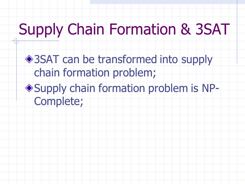 Supply Chain Formation & 3SAT 3SAT can be transformed into supply chain formation problem; Supply chain formation problem is NP- Complete;