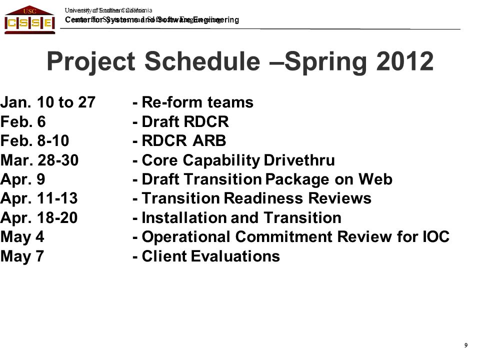 University of Southern California Center for Systems and Software Engineering University of Southern California Center for Systems and Software Engineering Project Schedule –Spring 2012 Jan.