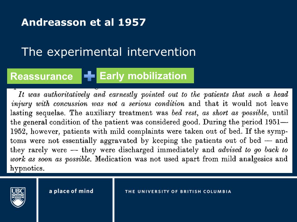 Andreasson et al 1957 The experimental intervention Reassurance Early mobilization