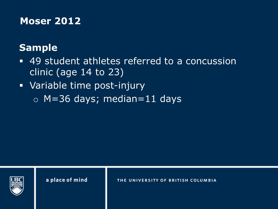 Sample  49 student athletes referred to a concussion clinic (age 14 to 23)  Variable time post-injury o M=36 days; median=11 days