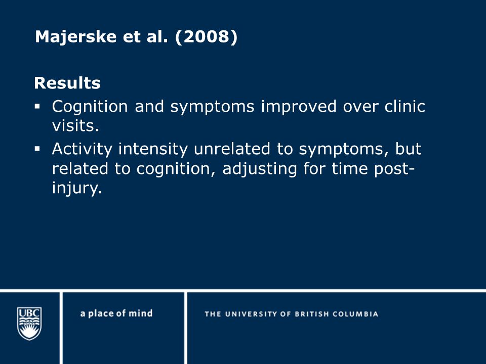 Majerske et al. (2008) Results  Cognition and symptoms improved over clinic visits.