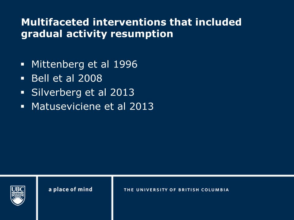  Mittenberg et al 1996  Bell et al 2008  Silverberg et al 2013  Matuseviciene et al 2013 Multifaceted interventions that included gradual activity resumption