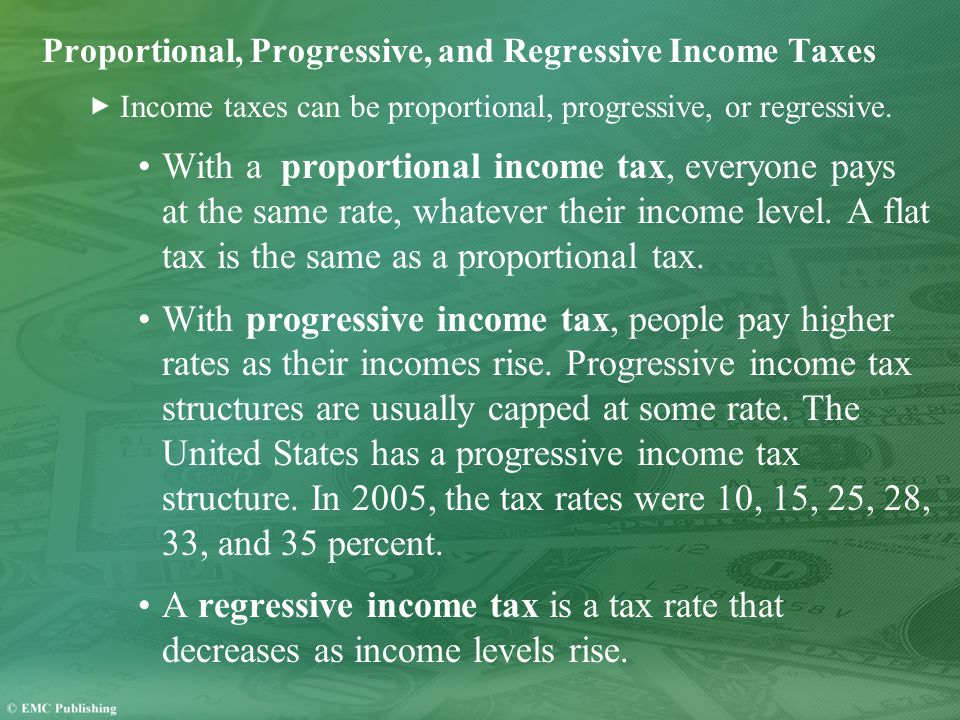 Proportional, Progressive, and Regressive Income Taxes Income taxes can be proportional, progressive, or regressive.