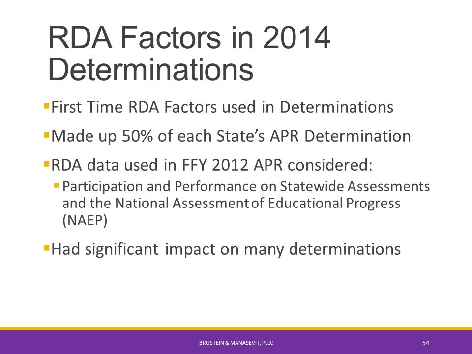 RDA Factors in 2014 Determinations  First Time RDA Factors used in Determinations  Made up 50% of each State’s APR Determination  RDA data used in FFY 2012 APR considered:  Participation and Performance on Statewide Assessments and the National Assessment of Educational Progress (NAEP)  Had significant impact on many determinations BRUSTEIN & MANASEVIT, PLLC 54