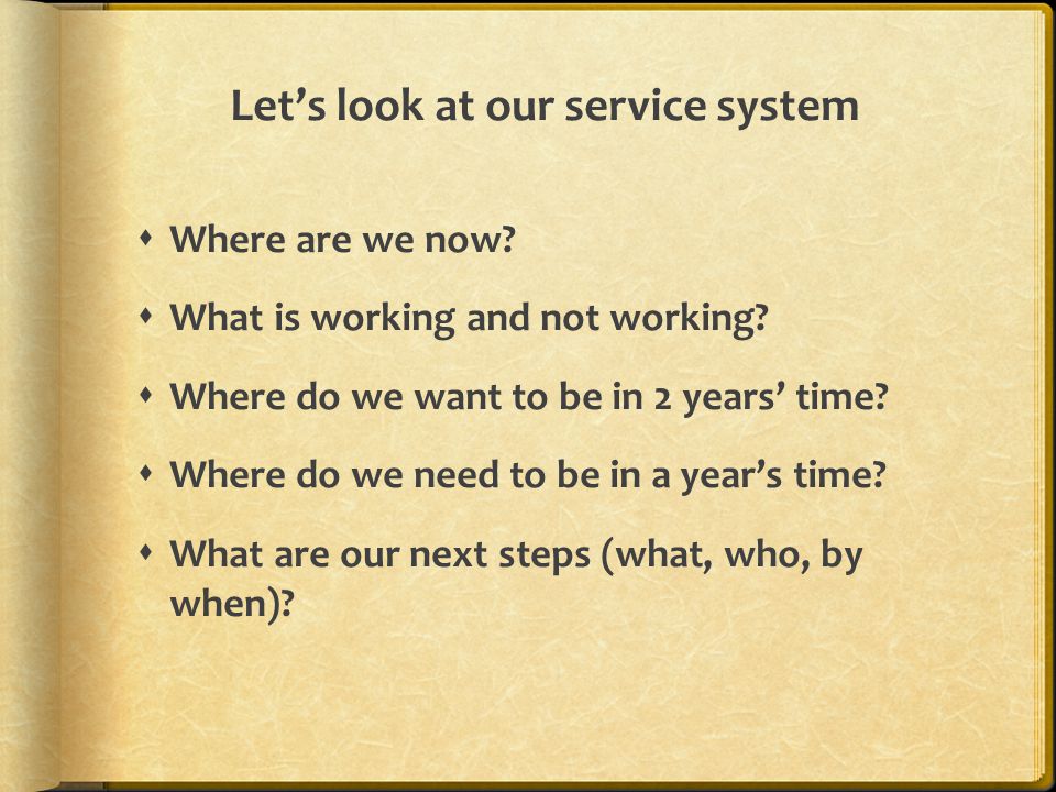 Let’s look at our service system  Where are we now.