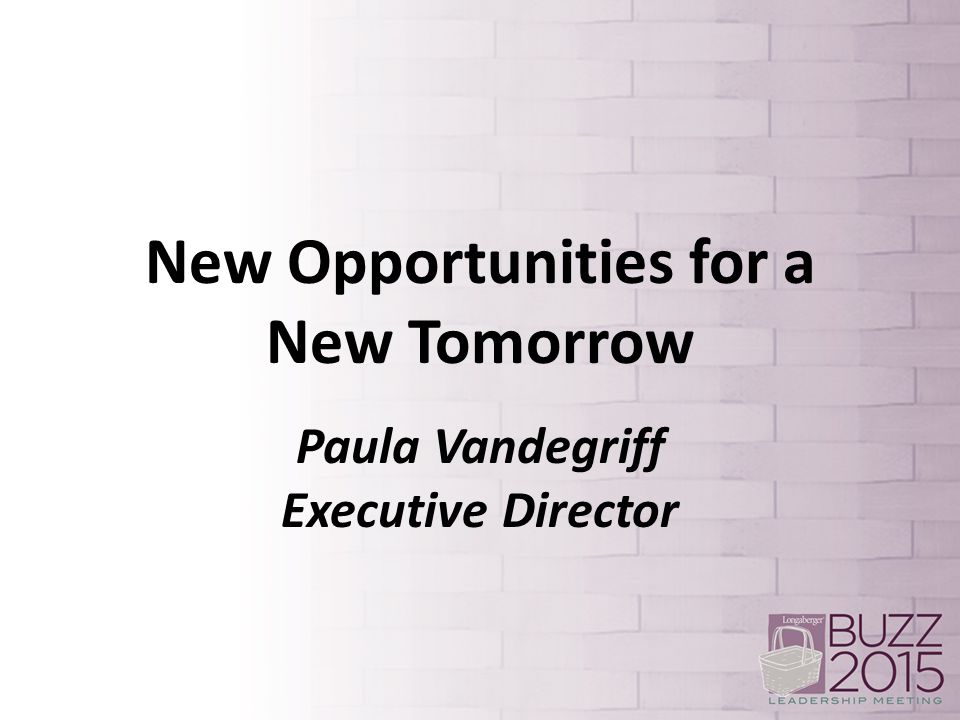 New Opportunities for a New Tomorrow Paula Vandegriff Executive Director