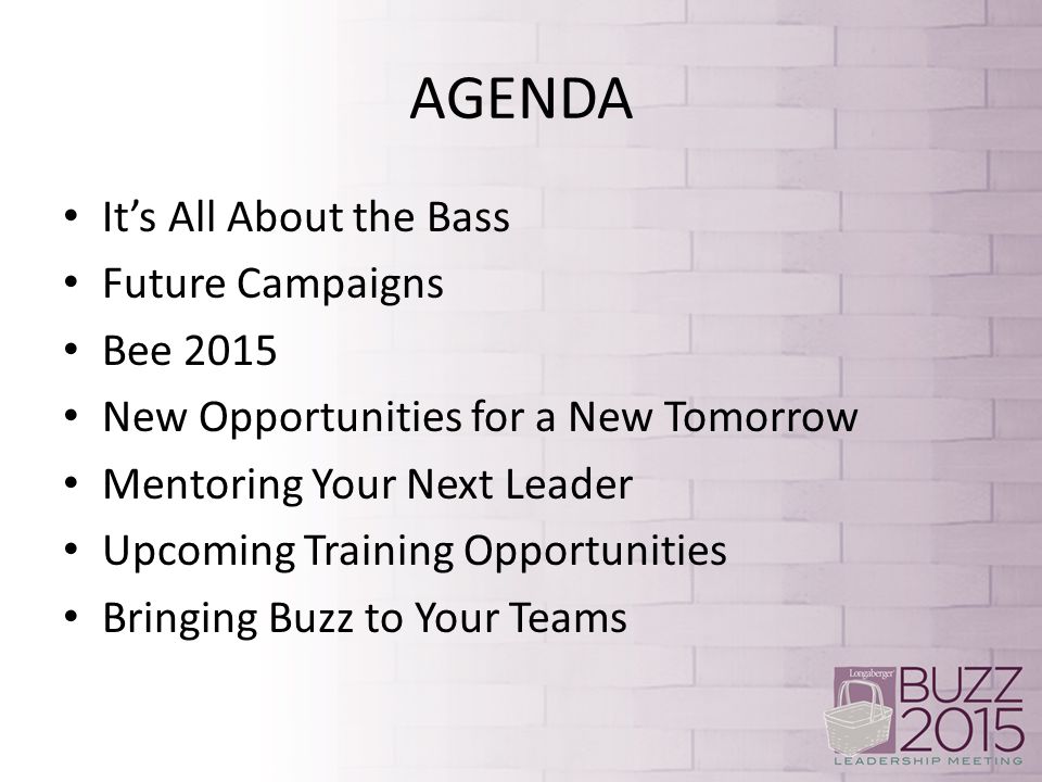 AGENDA It’s All About the Bass Future Campaigns Bee 2015 New Opportunities for a New Tomorrow Mentoring Your Next Leader Upcoming Training Opportunities Bringing Buzz to Your Teams