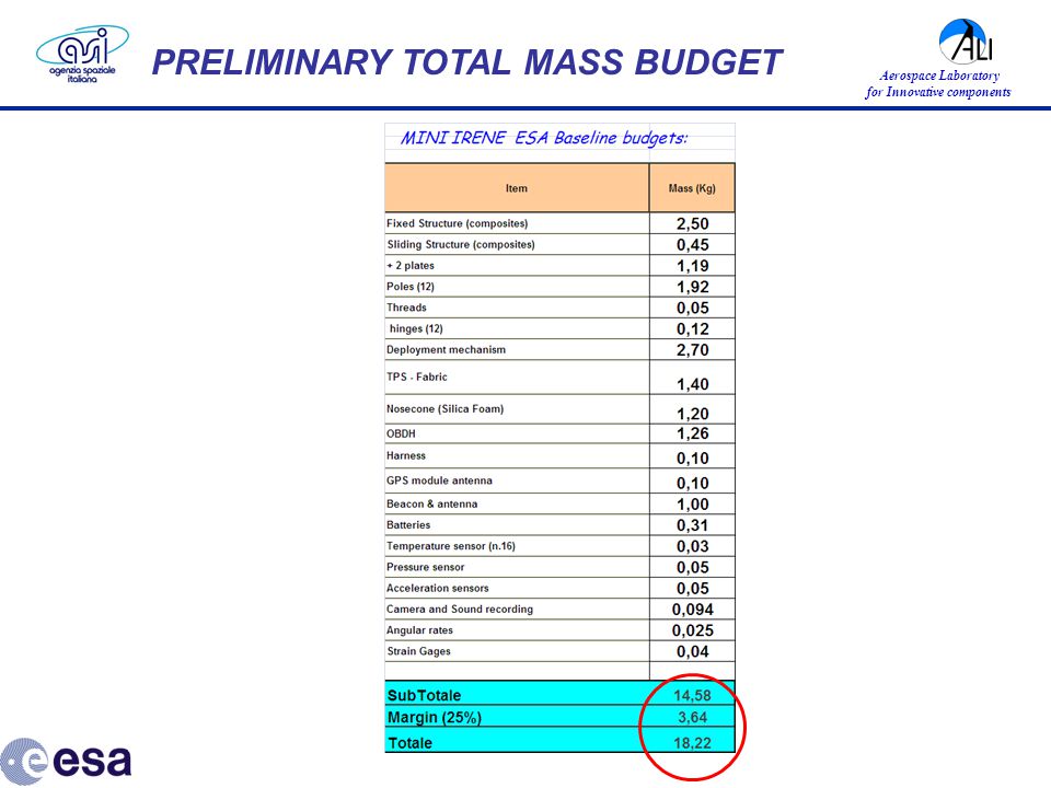 Aerospace Laboratory for Innovative components PRELIMINARY TOTAL MASS BUDGET