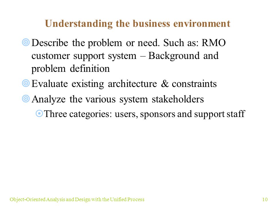 10Object-Oriented Analysis and Design with the Unified Process Understanding the business environment  Describe the problem or need.