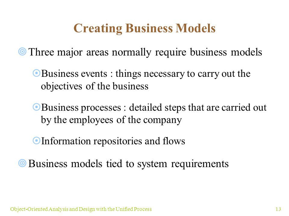 13Object-Oriented Analysis and Design with the Unified Process Creating Business Models  Three major areas normally require business models  Business events : things necessary to carry out the objectives of the business  Business processes : detailed steps that are carried out by the employees of the company  Information repositories and flows  Business models tied to system requirements