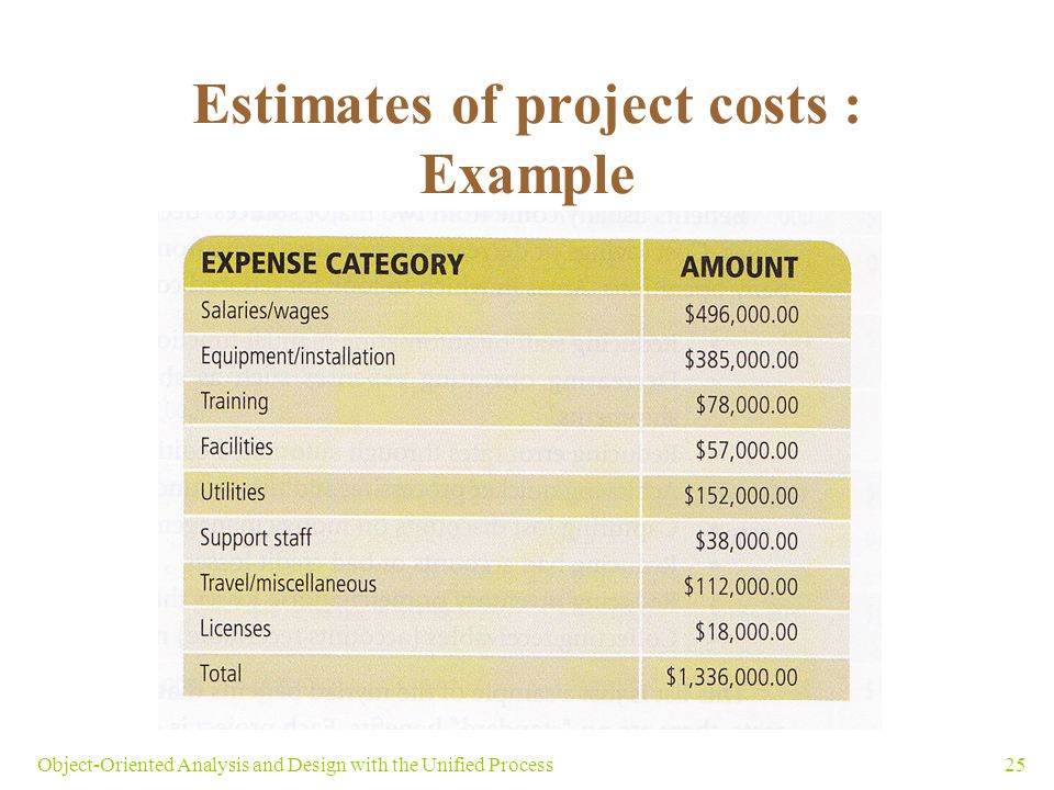 Estimates of project costs : Example 25Object-Oriented Analysis and Design with the Unified Process
