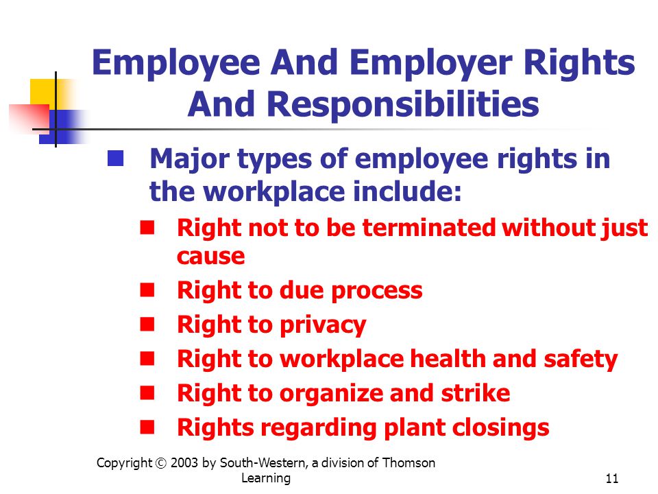 Copyright © 2003 by South-Western, a division of Thomson Learning11 Employee And Employer Rights And Responsibilities Major types of employee rights in the workplace include: Right not to be terminated without just cause Right to due process Right to privacy Right to workplace health and safety Right to organize and strike Rights regarding plant closings