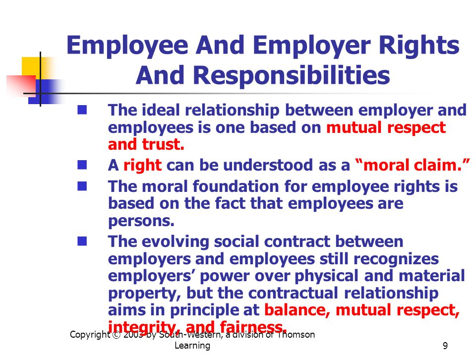 Copyright © 2003 by South-Western, a division of Thomson Learning9 Employee And Employer Rights And Responsibilities The ideal relationship between employer and employees is one based on mutual respect and trust.