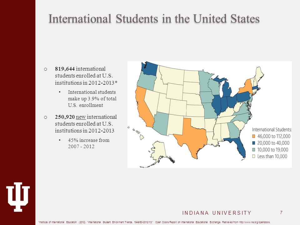 International Students in the United States o 819,644 international students enrolled at U.S.