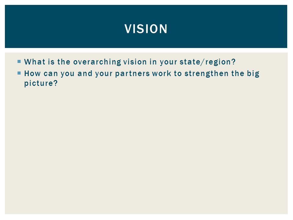  What is the overarching vision in your state/region.