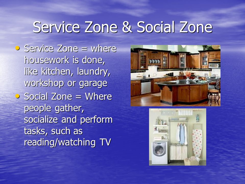 Service Zone & Social Zone Service Zone = where housework is done, like kitchen, laundry, workshop or garage Service Zone = where housework is done, like kitchen, laundry, workshop or garage Social Zone = Where people gather, socialize and perform tasks, such as reading/watching TV Social Zone = Where people gather, socialize and perform tasks, such as reading/watching TV