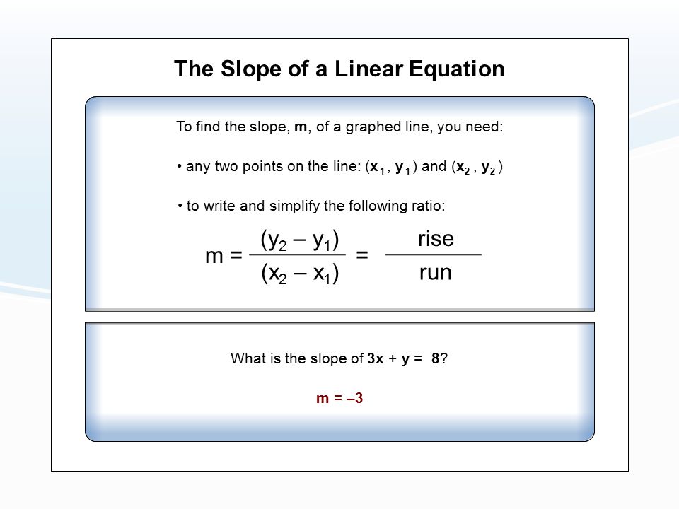 The Slope of a Linear Equation To find the slope, m, of a graphed line, you need: any two points on the line: (x, y ) and (x, y ) to write and simplify the following ratio: 2211 What is the slope of 3x + y = 8.