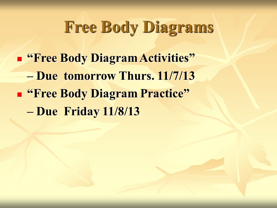 Free Body Diagrams Free Body Diagram Activities Free Body Diagram Activities – Due tomorrow Thurs.
