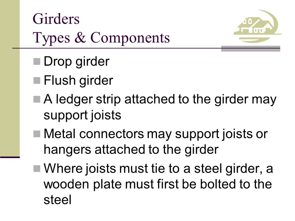 Girders Types & Components Drop girder Flush girder A ledger strip attached to the girder may support joists Metal connectors may support joists or hangers attached to the girder Where joists must tie to a steel girder, a wooden plate must first be bolted to the steel