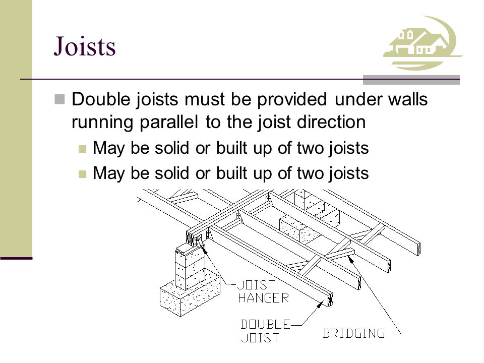 Joists Double joists must be provided under walls running parallel to the joist direction May be solid or built up of two joists